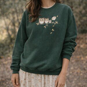 Country Store Owl Embroidered Sweatshirt Forest Green XL Cottagecore